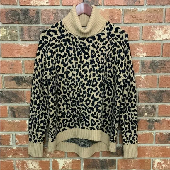 J. Crew Alpaca Merino Wool Tan Black Leopard Print Turtleneck Sweater - Picture 3 of 7